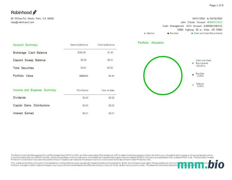 USA Robinhood Banking konto statement szablon Worda i PDF